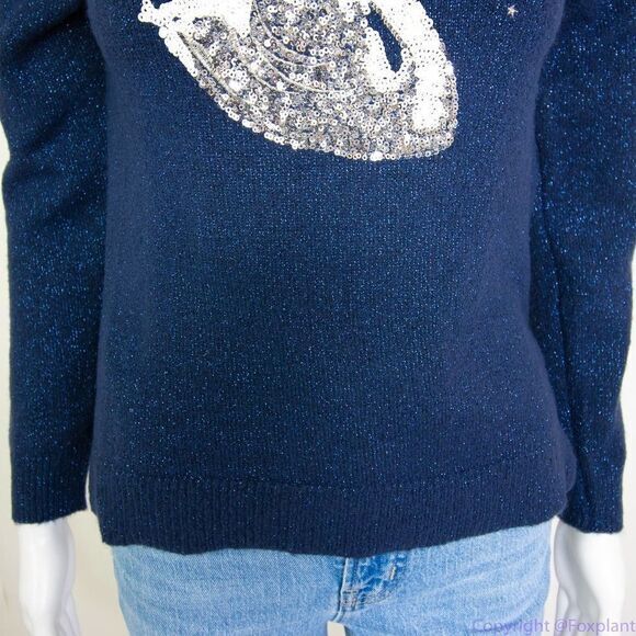 Children's Place shimmering metallic thread sequin swan navy blue sweater, L - Picture 6 of 16